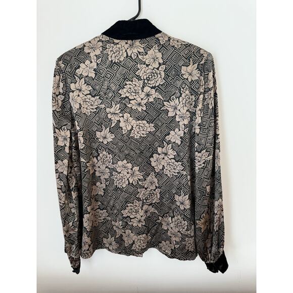 Vintage 80s Collins Silk Button Up Floral Blouse Velvet Collar And Cuffs Sz 10 - Picture 3 of 5